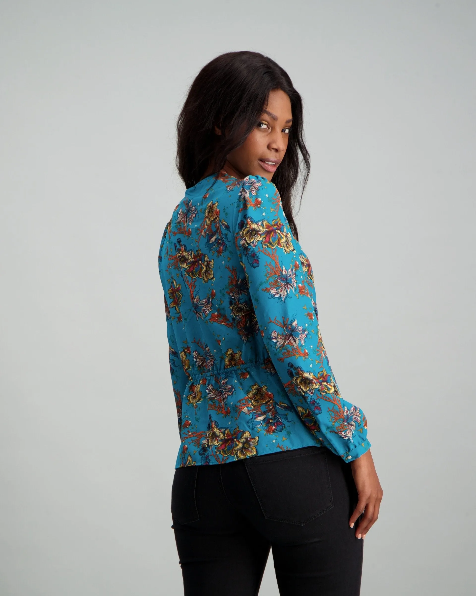 Ladies Floral Pleated Woven Wrap Blouse - Teal