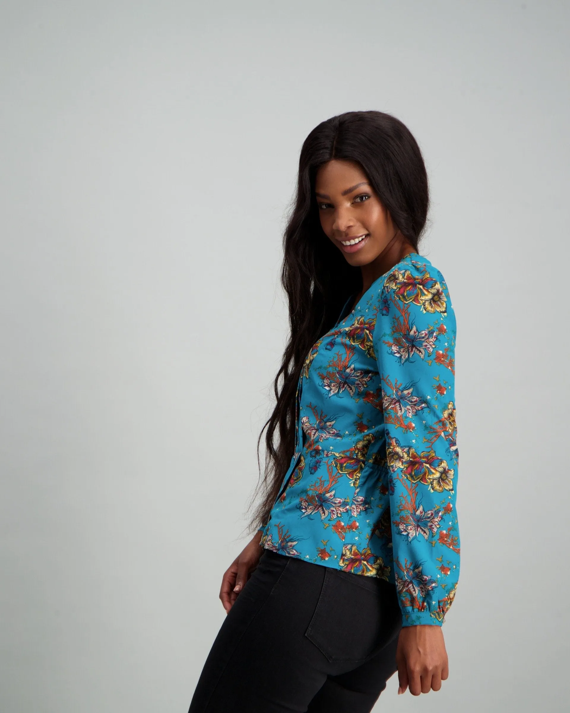 Ladies Floral Pleated Woven Wrap Blouse - Teal