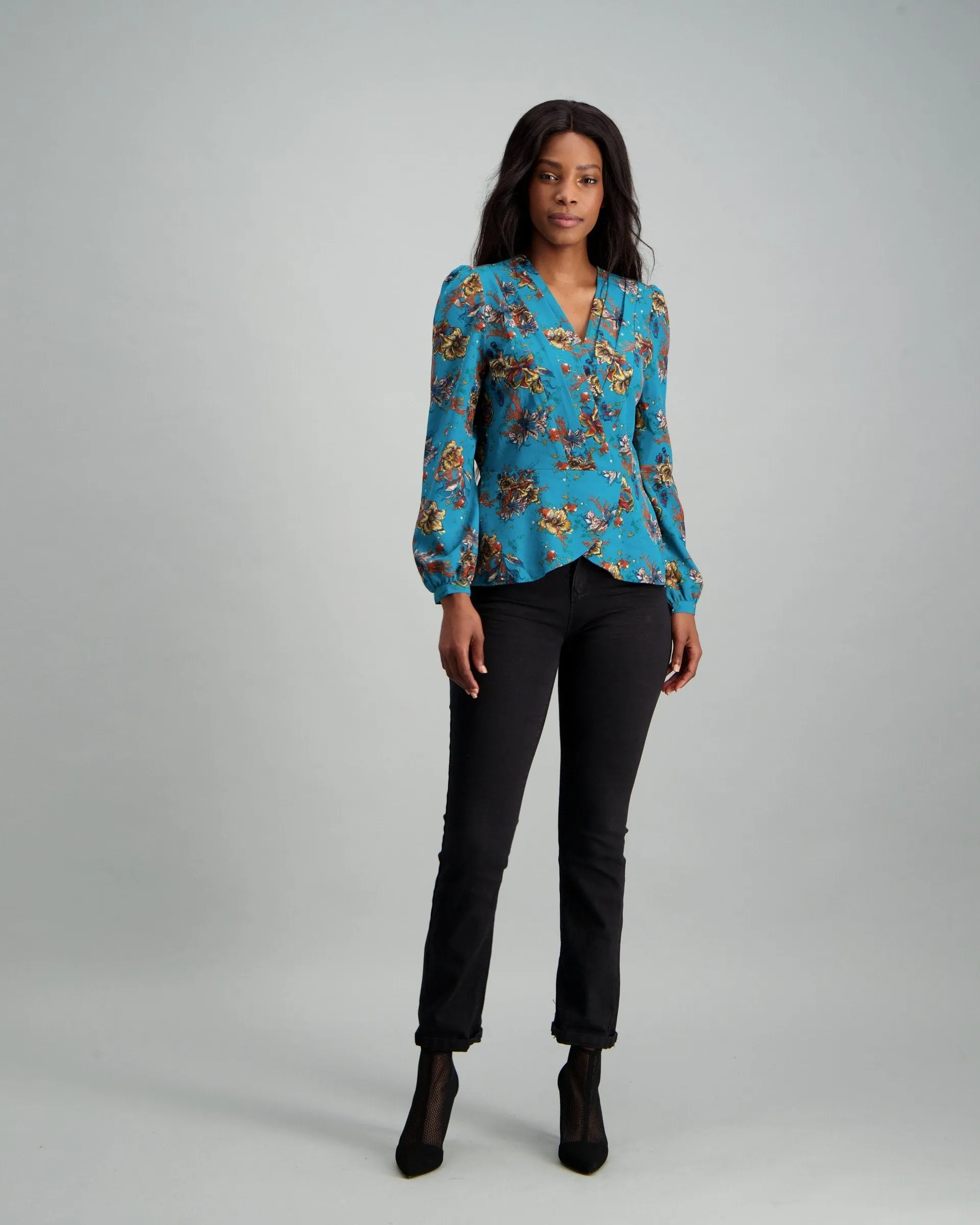 Ladies Floral Pleated Woven Wrap Blouse - Teal