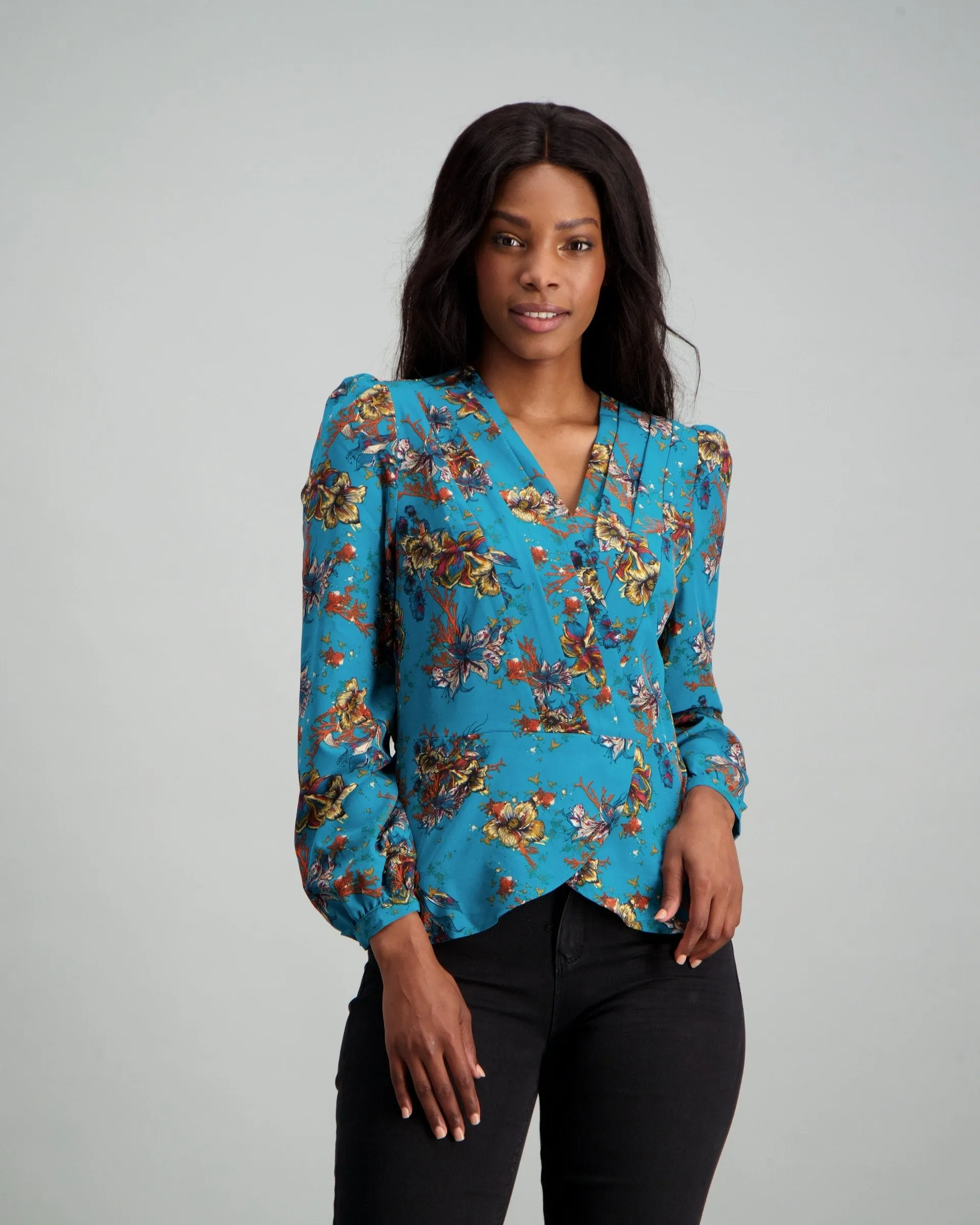 Ladies Floral Pleated Woven Wrap Blouse - Teal