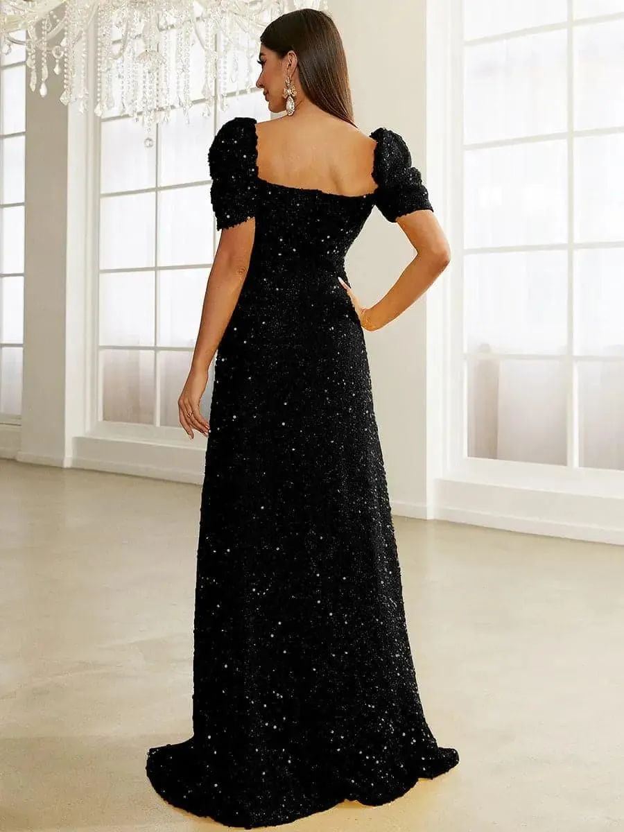 Light Yellow Puff Sleeve Sequin Maxi Dress XJ1509