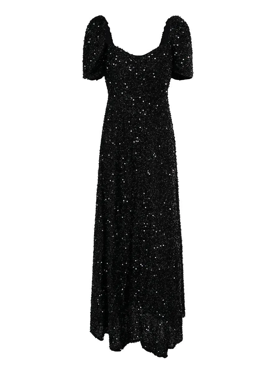 Light Yellow Puff Sleeve Sequin Maxi Dress XJ1509