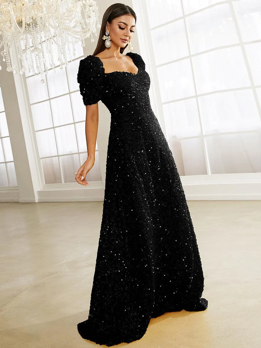 Light Yellow Puff Sleeve Sequin Maxi Dress XJ1509