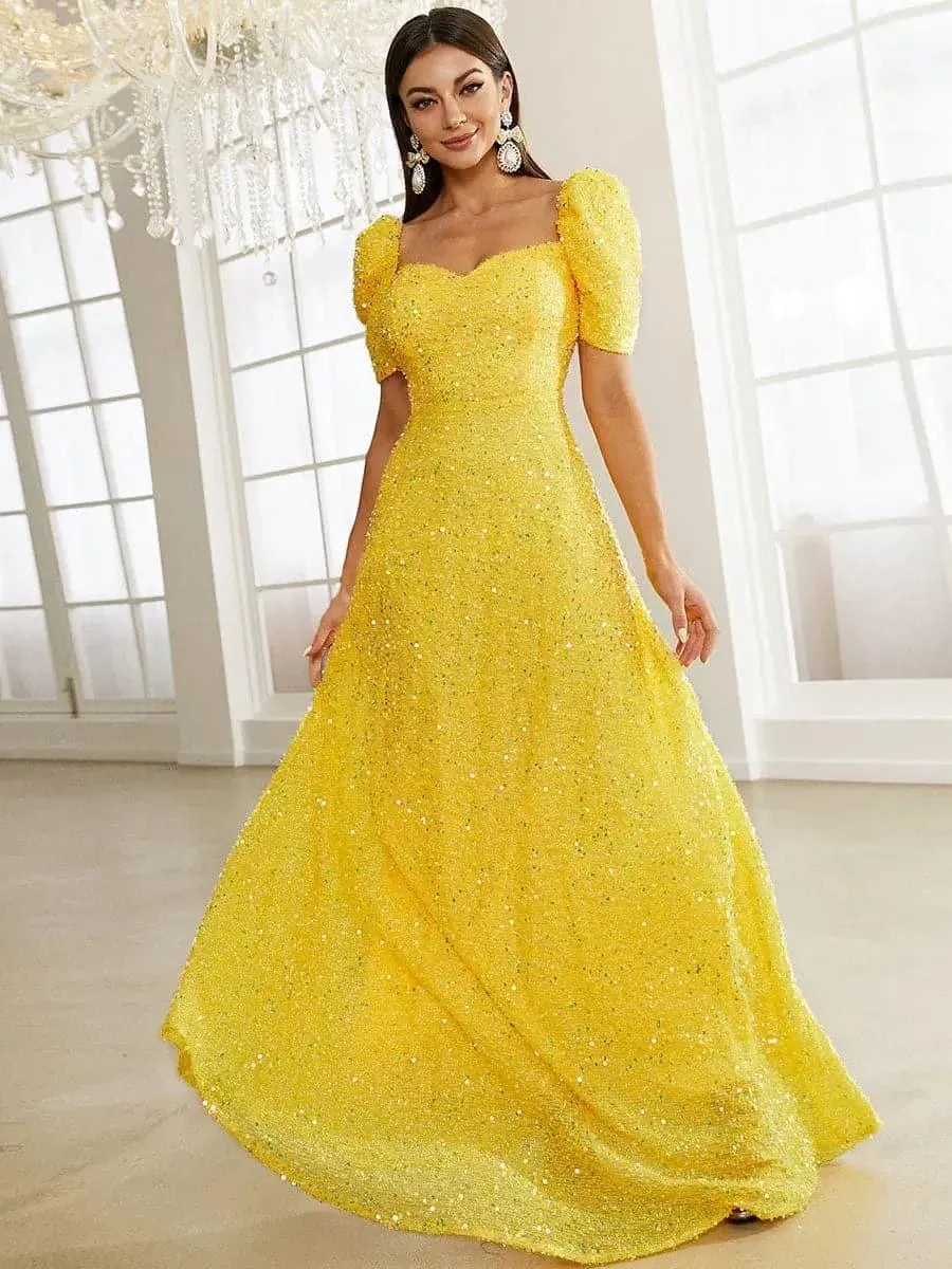 Light Yellow Puff Sleeve Sequin Maxi Dress XJ1509
