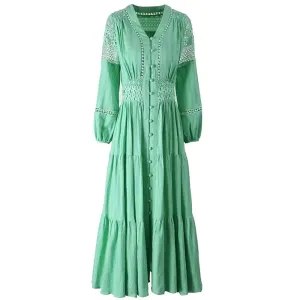 Liz V-Neck Lantern Sleeve Hollow Out Vintage Single Breasted Dress