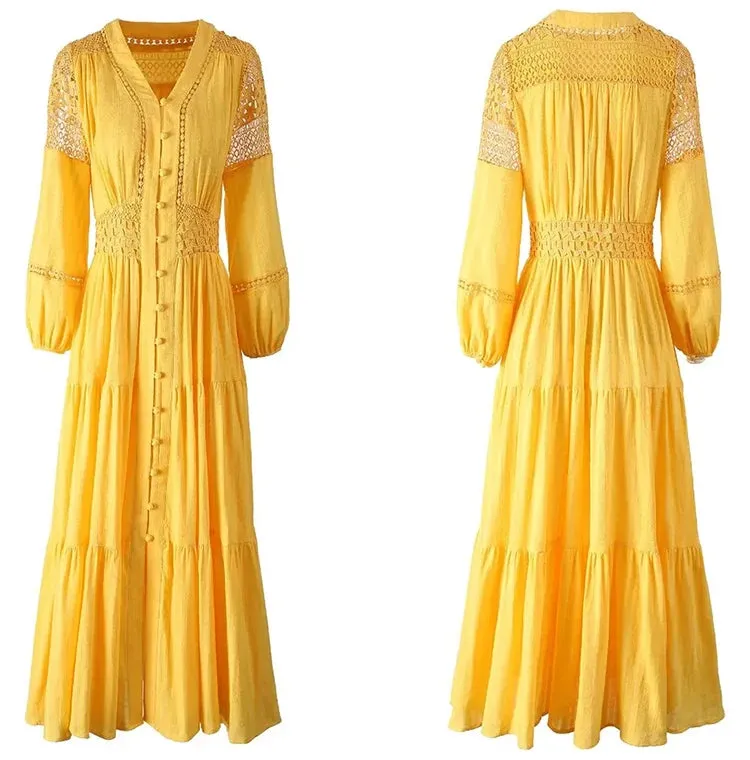 Liz V-Neck Lantern Sleeve Hollow Out Vintage Single Breasted Dress