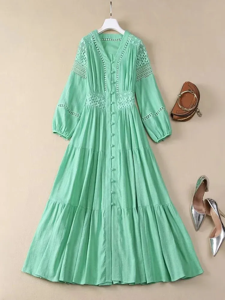 Liz V-Neck Lantern Sleeve Hollow Out Vintage Single Breasted Dress