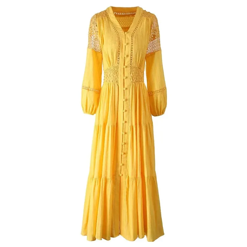 Liz V-Neck Lantern Sleeve Hollow Out Vintage Single Breasted Dress