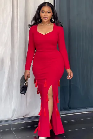 Long Sleeve Fringe Slit Slim-Fit Party Fishtail Maxi Dresses-Red [Pre Order]