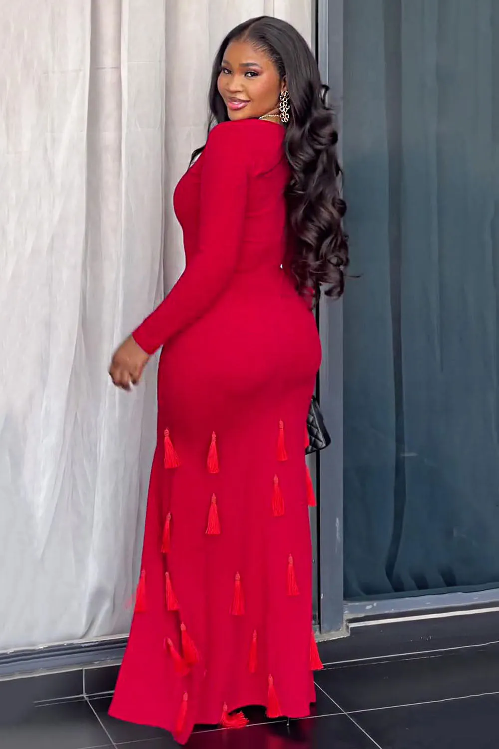 Long Sleeve Fringe Slit Slim-Fit Party Fishtail Maxi Dresses-Red [Pre Order]