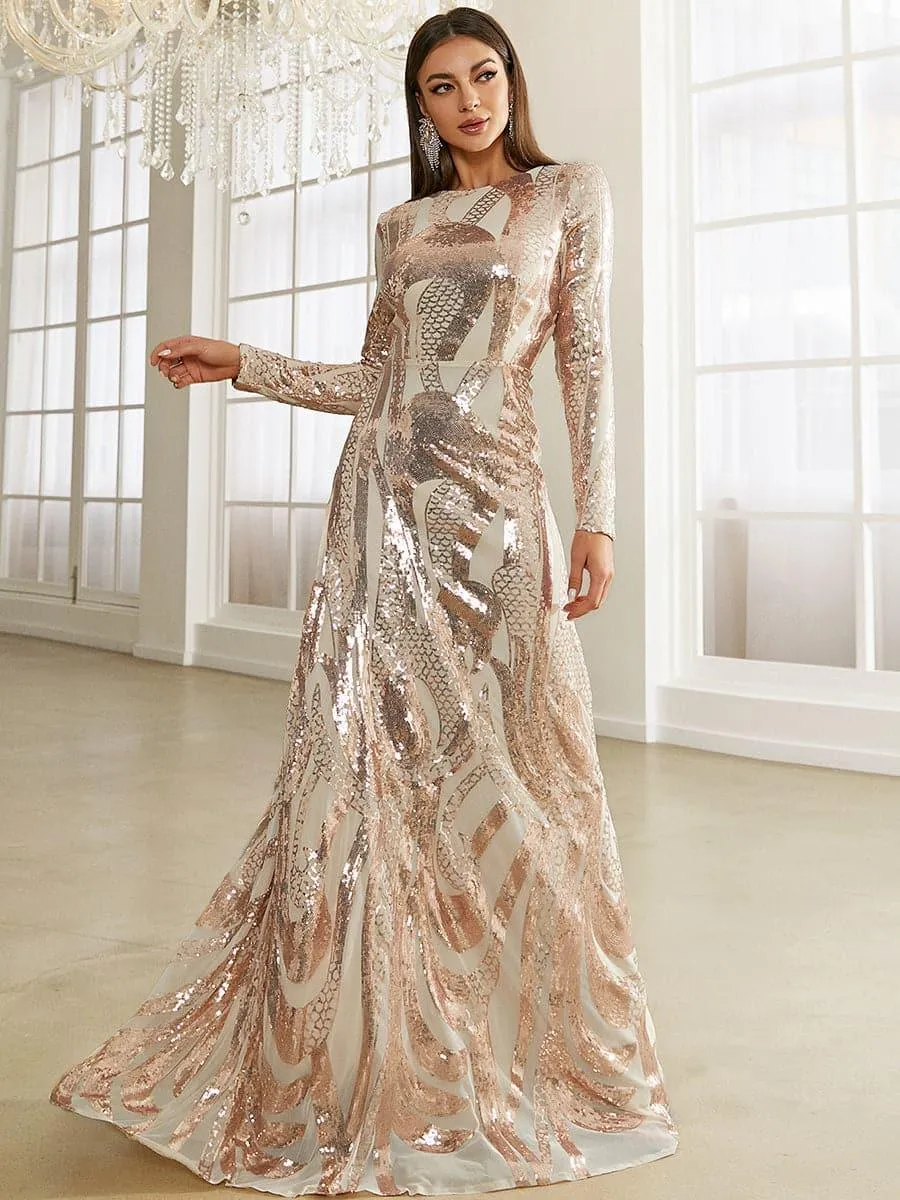 Long Sleeve Sequin Apricot Formal Dress XJ1494