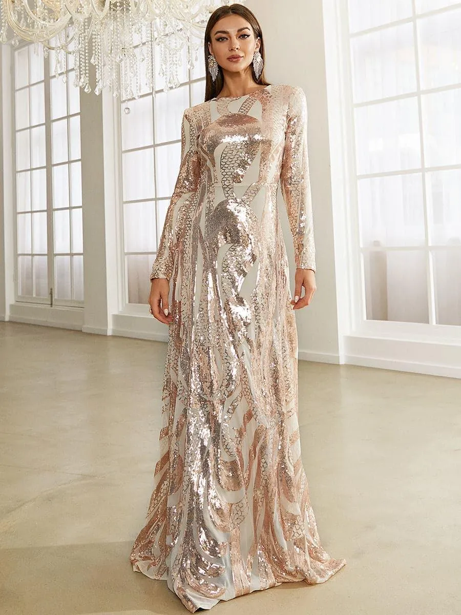 Long Sleeve Sequin Apricot Formal Dress XJ1494