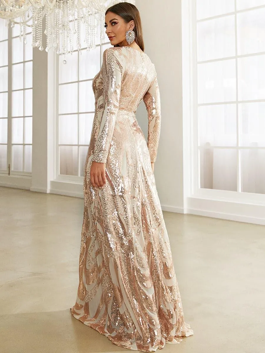Long Sleeve Sequin Apricot Formal Dress XJ1494