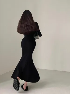 Long Sleeve Tight Slim Zipper Fishtail Long Dress Rib Knitted Dresses