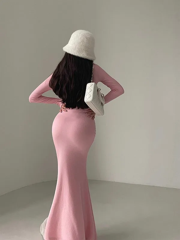 Long Sleeve Tight Slim Zipper Fishtail Long Dress Rib Knitted Dresses