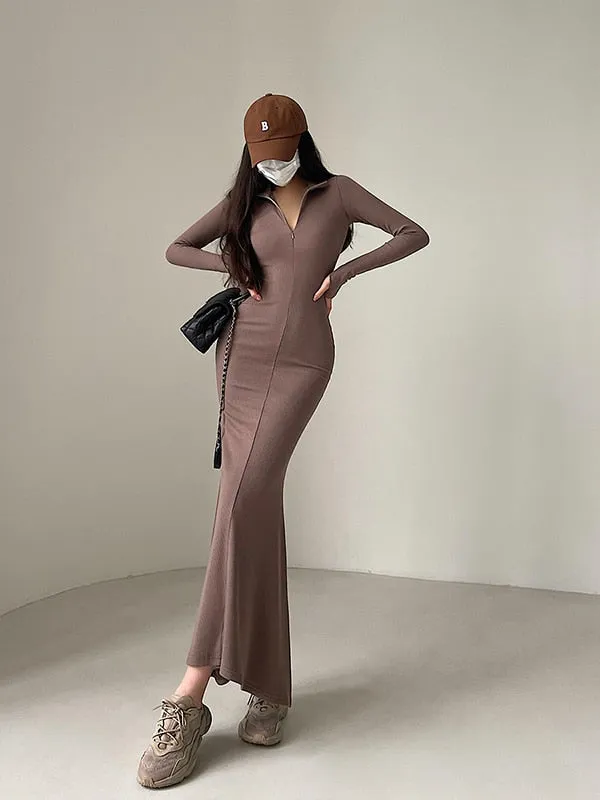 Long Sleeve Tight Slim Zipper Fishtail Long Dress Rib Knitted Dresses