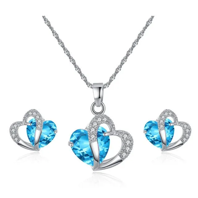 love heart sharp cubic zirconia necklace earrings set