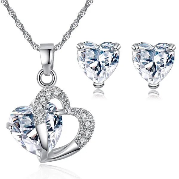 love heart sharp cubic zirconia necklace earrings set