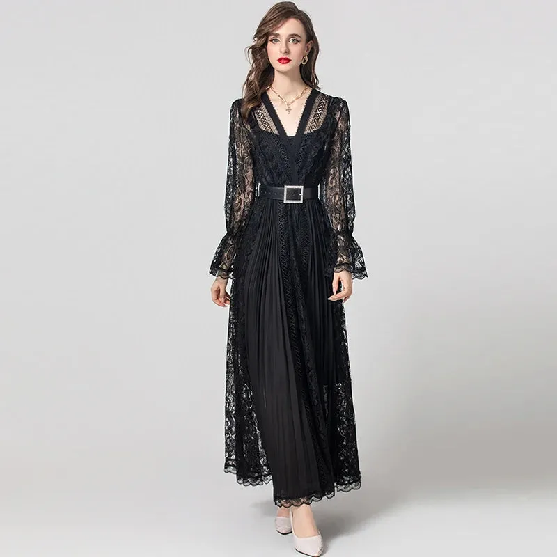 Madison V-Neck Flare Sleeve Sashes Elegant Party Patchwork Dress