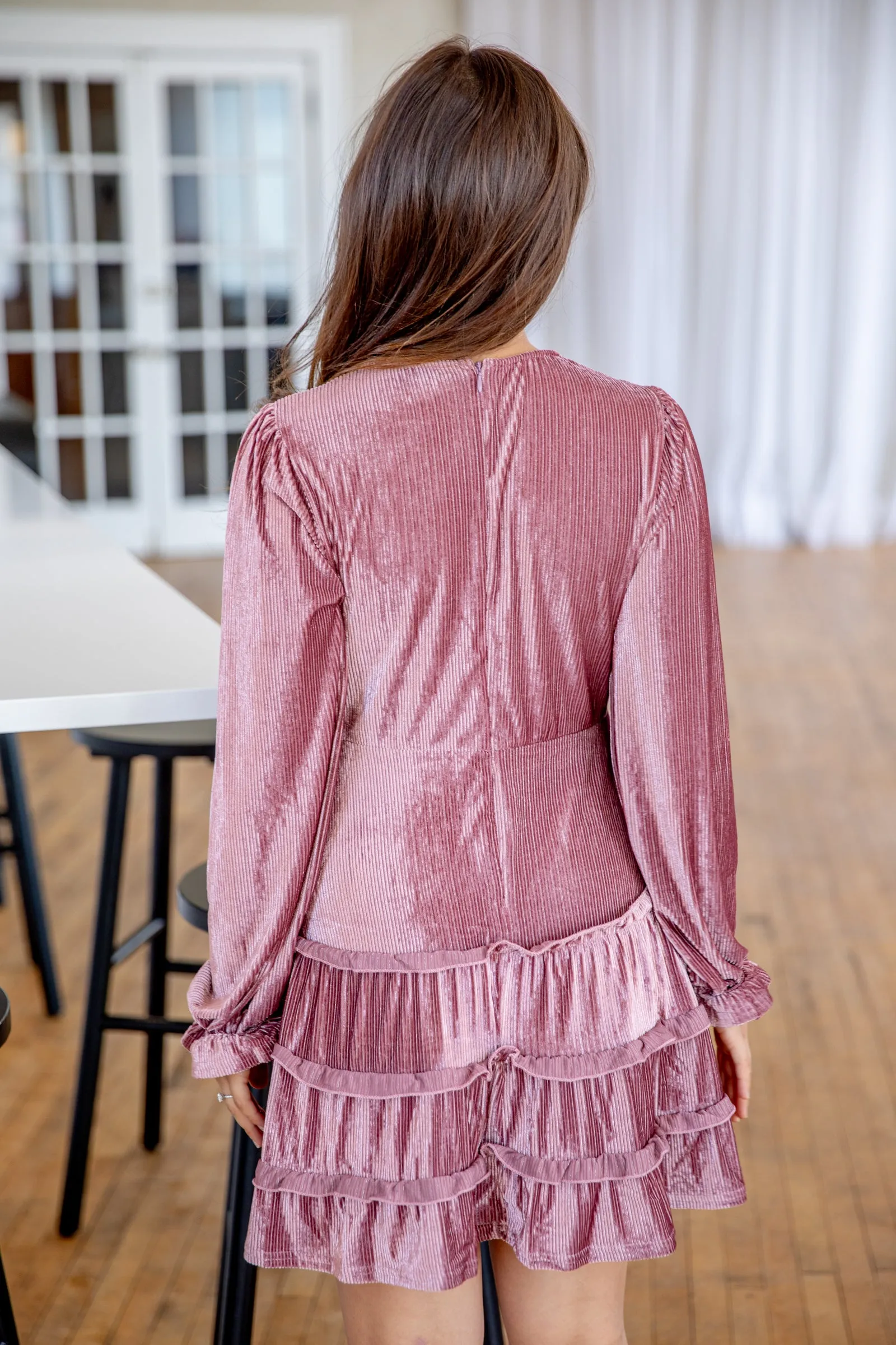 Mauve V-Neck Long Sleeve Dress