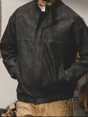 Mens-plus-size-zip-up-stand-collar-biker-jacket