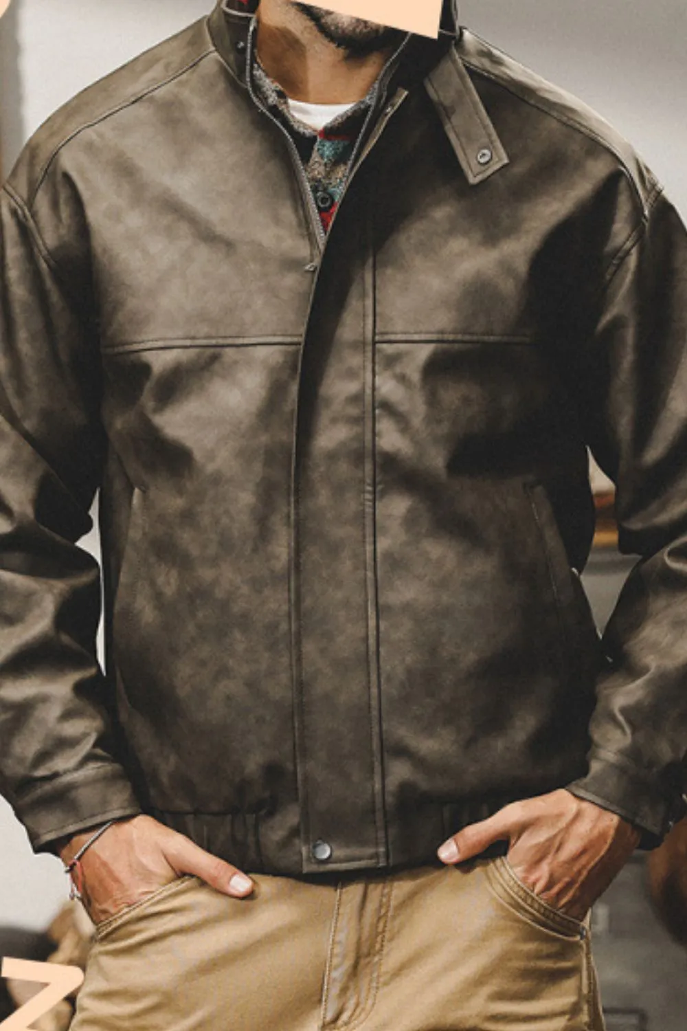 Mens-plus-size-zip-up-stand-collar-biker-jacket