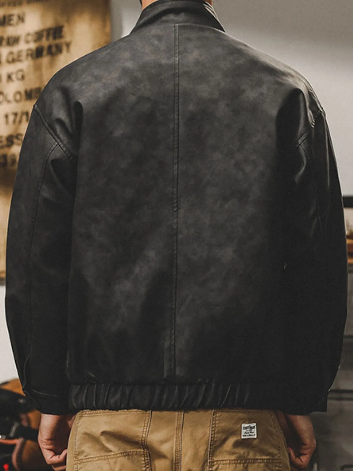 Mens-plus-size-zip-up-stand-collar-biker-jacket
