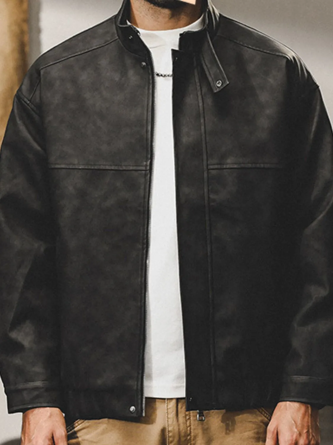 Mens-plus-size-zip-up-stand-collar-biker-jacket