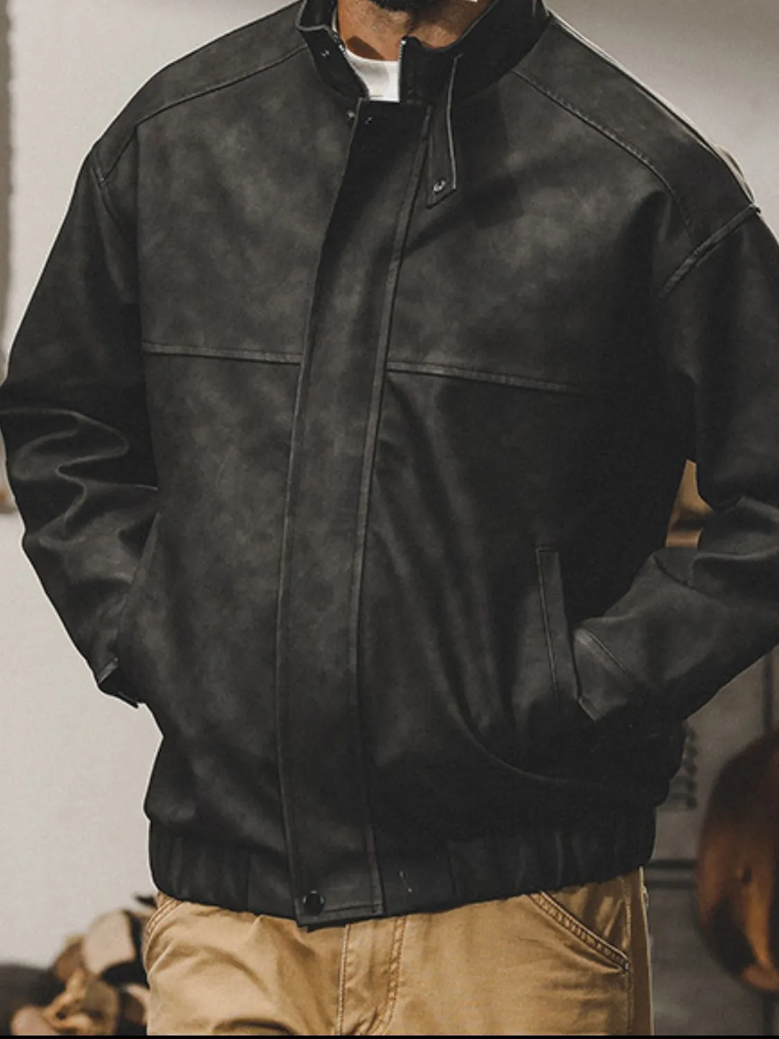 Mens-plus-size-zip-up-stand-collar-biker-jacket