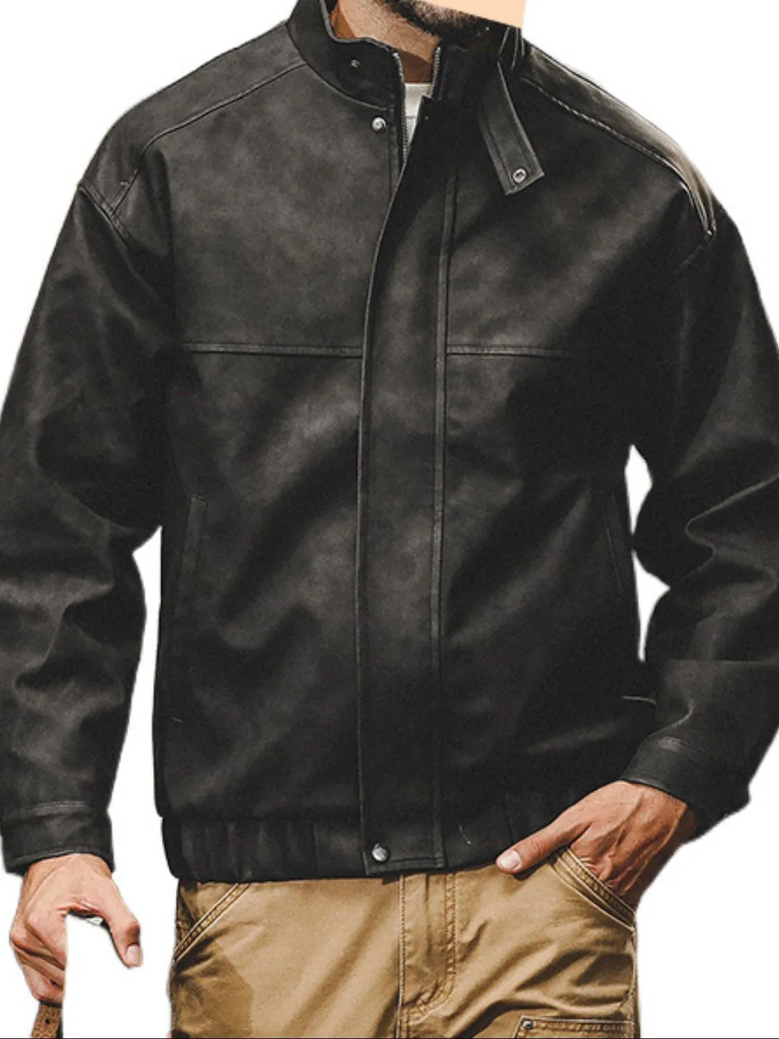 Mens-plus-size-zip-up-stand-collar-biker-jacket