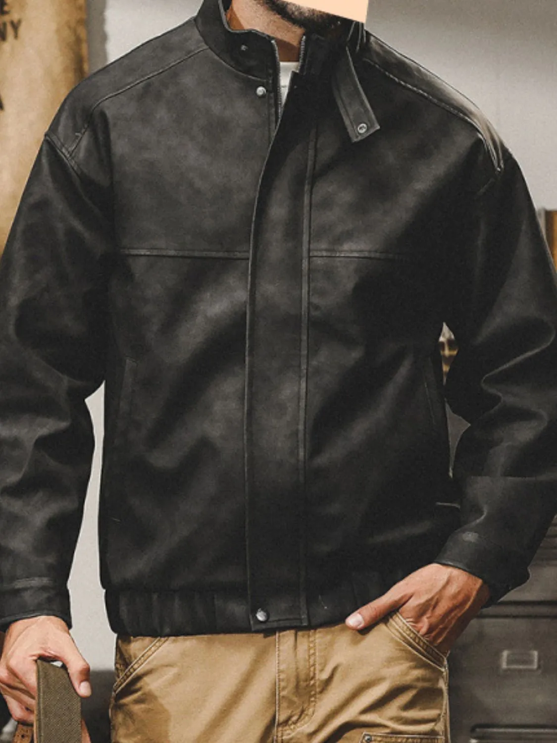 Mens-plus-size-zip-up-stand-collar-biker-jacket