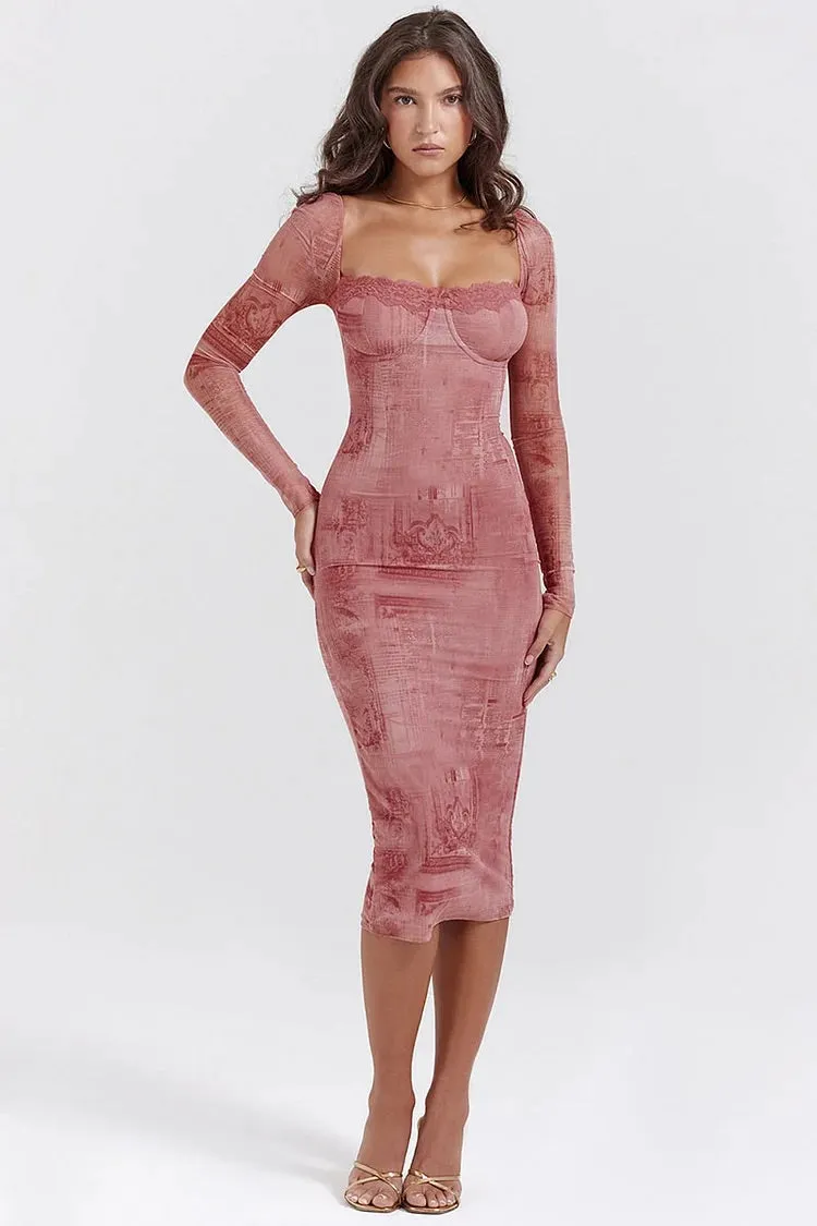 Mesh Pattern Print Square Neck Corset Long Sleeve Slim Fit Midi Dresses - Red