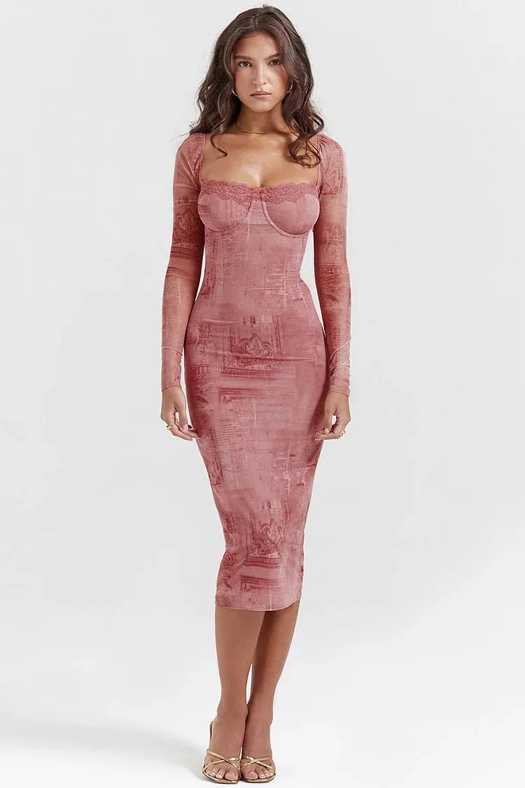 Mesh Pattern Print Square Neck Corset Long Sleeve Slim Fit Midi Dresses - Red