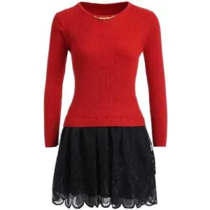 Mesh Spliced Slim Fit Knitted Dress - Red One Size