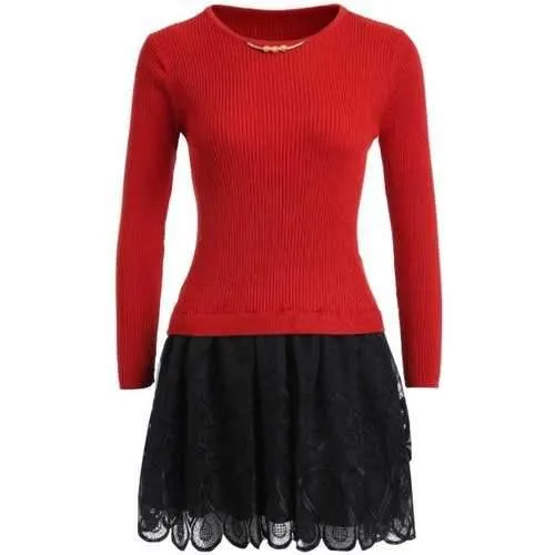 Mesh Spliced Slim Fit Knitted Dress - Red One Size