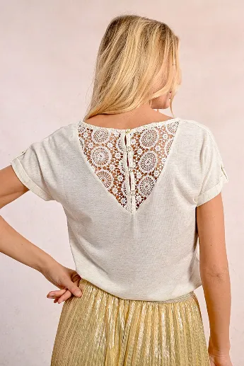 Molly Bracken Off White Lace Back T-shirt