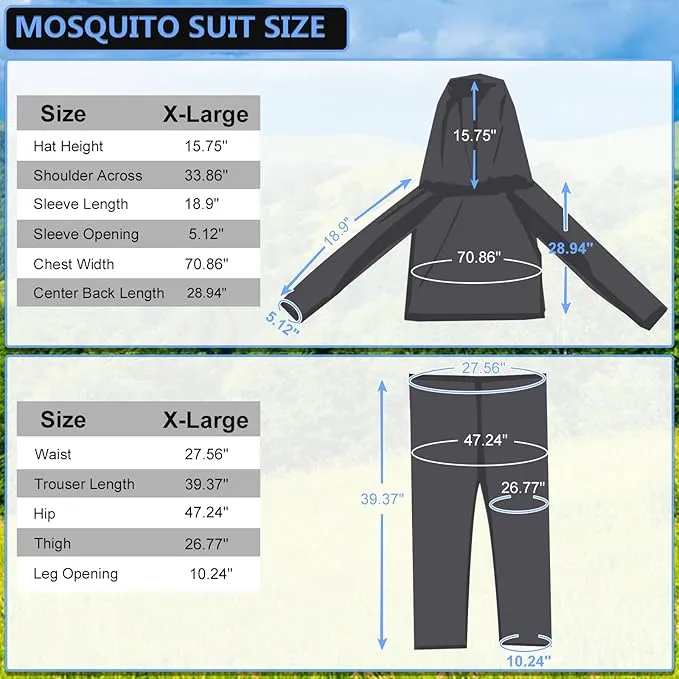 Mosquito Suit - Net Bug Pants & Jacket with Hood - Mesh Bug Suit for Outdoor Protection from Bugs, Flies, Gnats, No-See-Ums & Midges - Mosquito Clothing for Men & Women with Carrybag, XL Size