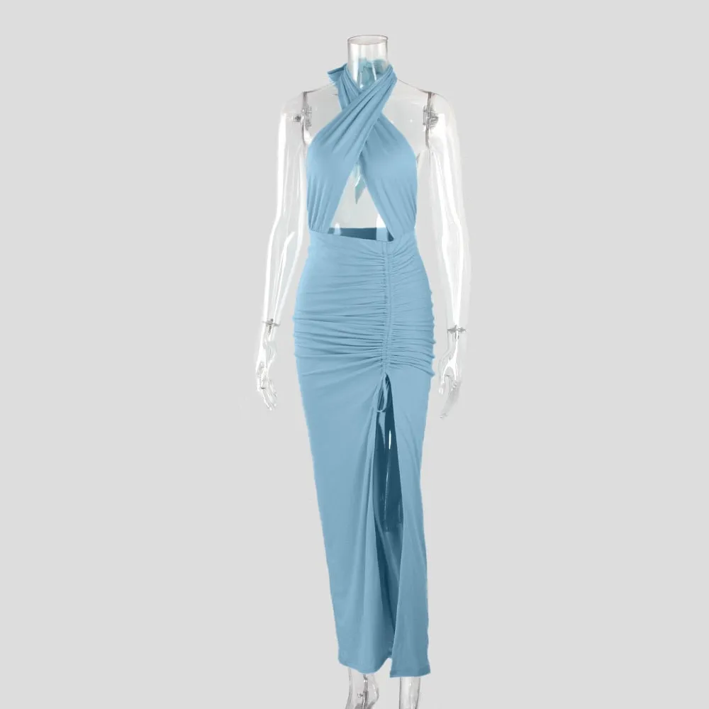 Mozision Halter Drawstring Long Dress