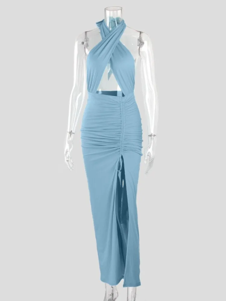 Mozision Halter Drawstring Long Dress