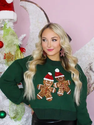 Muffin Man Gingerbread Cookie Sequin Sweatshirt, Dark Green