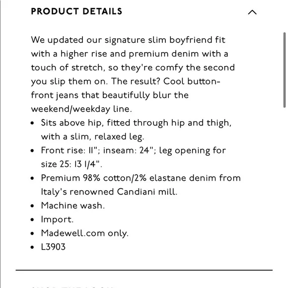 NEW • Madewell • Boyfriend High Rise Crop Jean 32