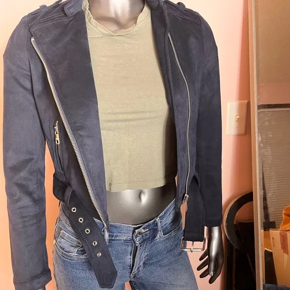 NWT Banana Republic Navy Blue Faux Suede Cropped Biker Jacket