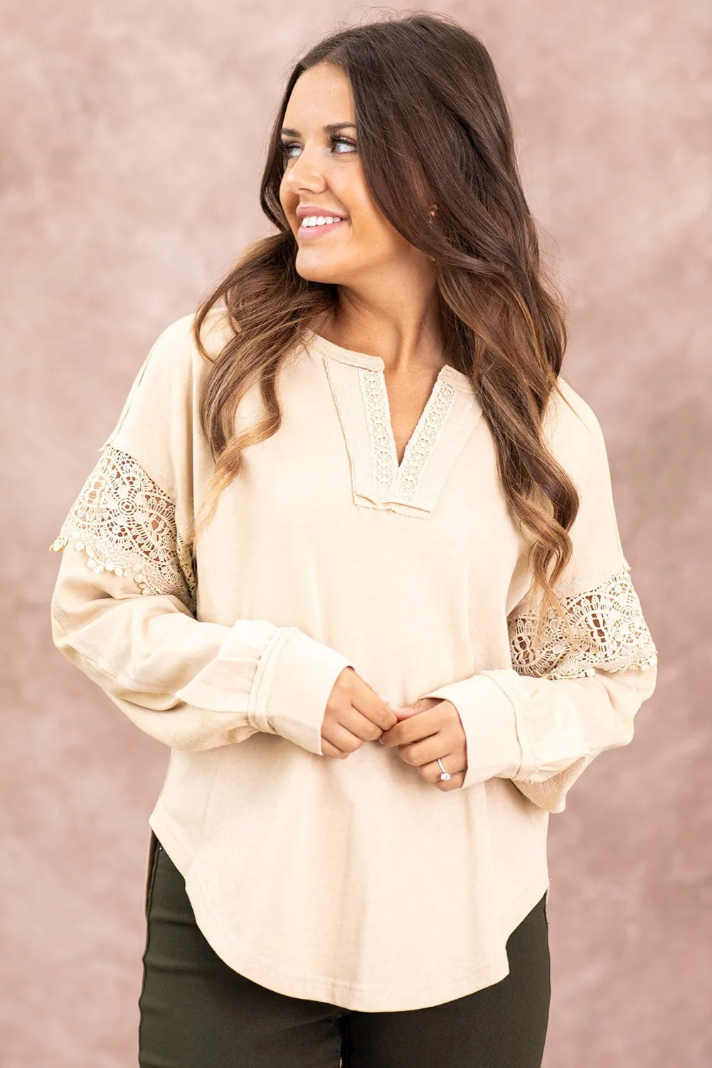 Oatmeal Lace Detail Notched Neck Round Hem Sweatshirt