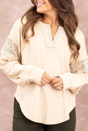 Oatmeal Lace Detail Notched Neck Round Hem Sweatshirt