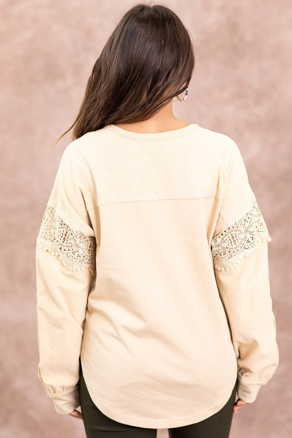 Oatmeal Lace Detail Notched Neck Round Hem Sweatshirt