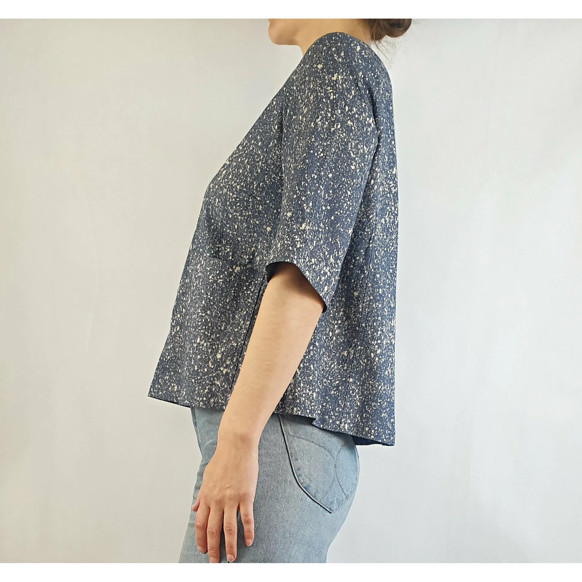 Obus blue 3/4 sleeve top with cream splodge print size 1 (best fits size 6-8)