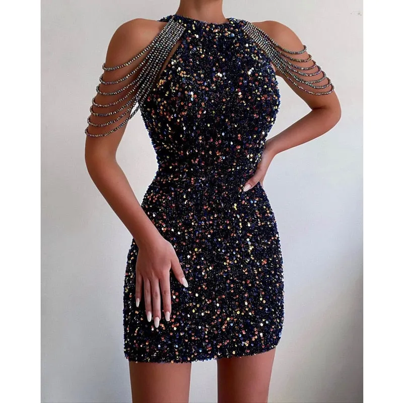 Off Shoulder Gold Sequin Dress