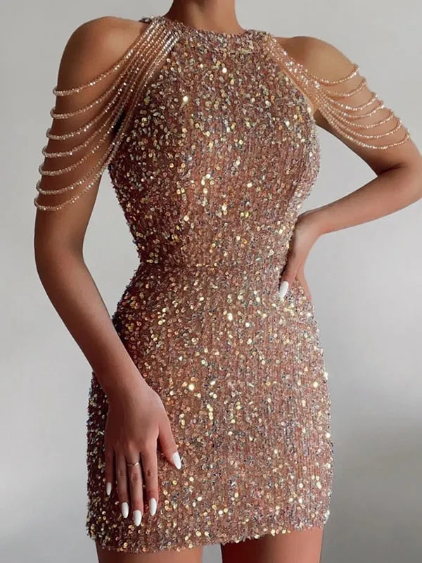 Off Shoulder Gold Sequin Dress