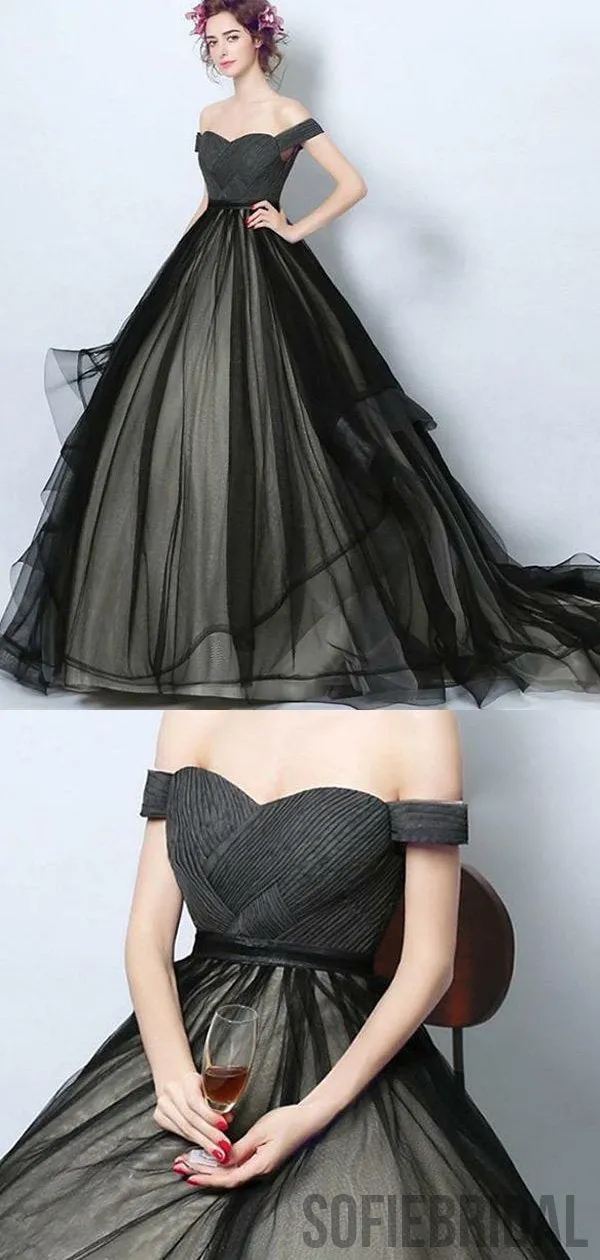 Off Shoulder Long A-line Black Tulle Simple Prom Dresses, PD0960