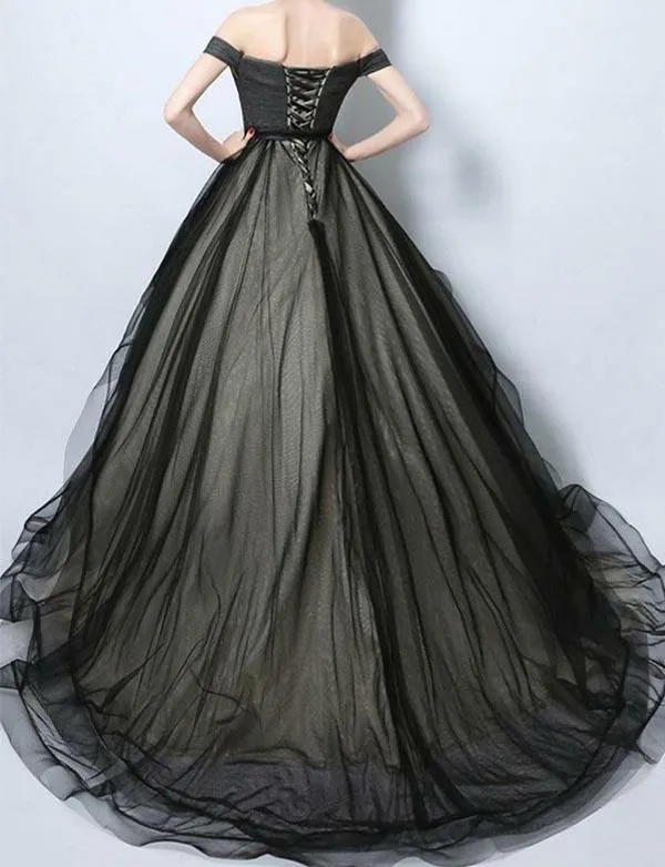 Off Shoulder Long A-line Black Tulle Simple Prom Dresses, PD0960